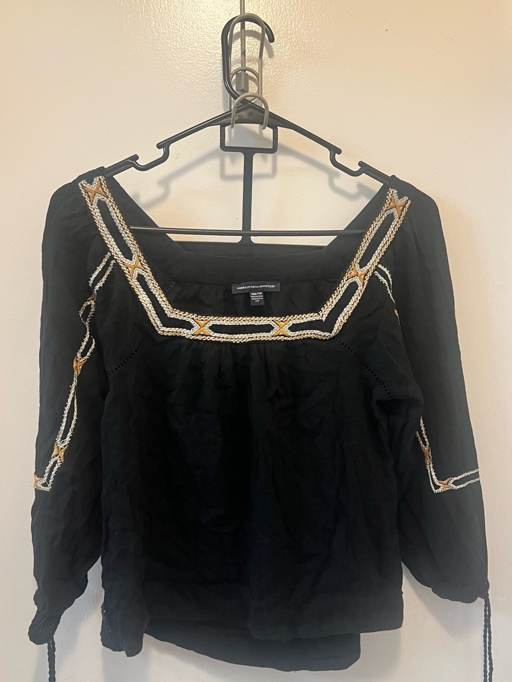 American Eagle Outfitters Black Peasant Top with White and Gold Embroidery
